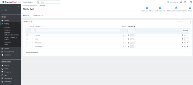 atributos y características de productos en Prestashop
